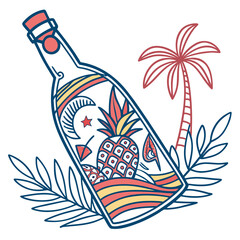 Colorful bottle with pineapple and palm tree vector