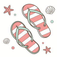Cute pastel striped flip flops with seashells and starfish
