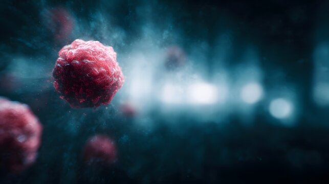 Microscopic view of intricate red cells against a dark atmospheric background with bokeh lights - Powered by Adobe