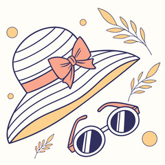 Striped sun hat and round sunglasses with leaves summer