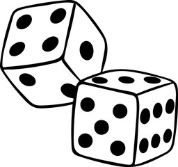Hand-drawn black and white icon of playing dice, sketch style illustration of game cubes with dots. Simple doodle of gambling dice for chance, luck, and casino themes