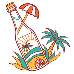 Tropical beach cocktail bottle with palm trees and sun