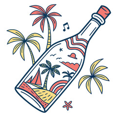 Tropical beach scene inside a bottle with palm trees