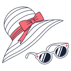 White striped beach hat with pink bow and sunglasses