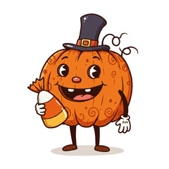 Whimsical Halloween Pumpkin Character Holds Candy Corn Treat, Perfect for Spooky Season Designs, Invitations, and Festive Marketing Projects