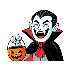 Happy Vampire with Pumpkin Basket Ready for Halloween Trick or Treat.