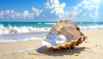 A Beautiful Pearl Inside a Seashell on the Sandy Beach, Under the Clear Sky