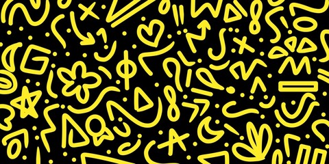 Abstract yellow doodle pattern on black background. Abstract yellow playful memphis style design pattern with geometric shape circles, triangles, squares, wave, lines, plus, dots on black