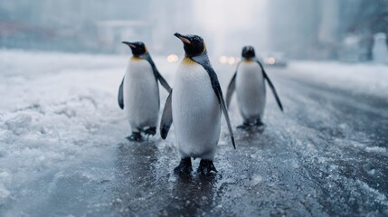 Fototapeta premium Three king penguins walk on a wet icy urban street during a snowy winter day a surreal nature city contrast