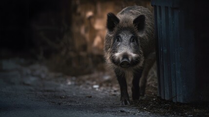 Naklejka premium A wild boar sniffs around garbage bins in a gritty urban alley at dusk
