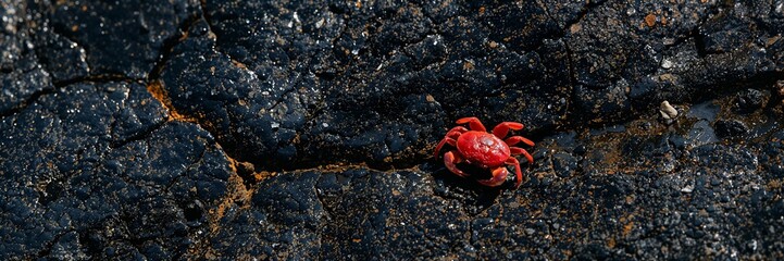 Obraz premium Red crab on a dark, oil-covered rock, symbolizing marine pollution and ecological disaster. Environmental damage concept for awareness campaigns.