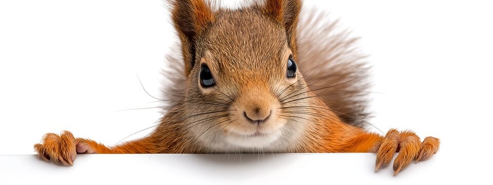 Cute squirrel holding blank sign, looking at camera, on white background