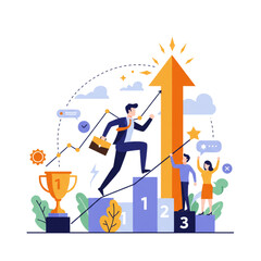Dynamic business growth illustration showing team celebrating success as leader climbs toward achievement, perfect for marketing and motivation campaigns