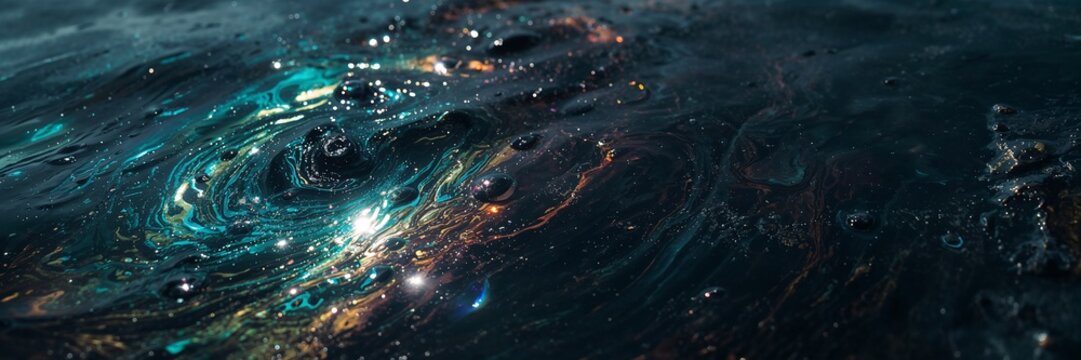Abstract water surface with shimmering blue and emerald oil and golden reflections as a background for ecological disaster concept.