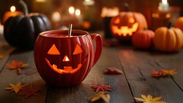 Pumpkin mug with hot chocolate for Halloween
