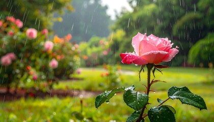 A beautiful pink rose with raindrops, a peaceful image of nature, in a garden