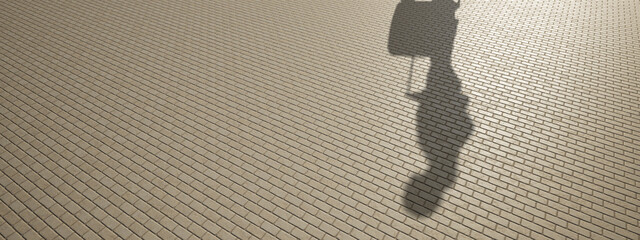 Concept or conceptual background of floor texture surface with a human shadow as silhouette. 3d illustration metaphor to young casual tourism, vacation or journey positive happy passenger trip design