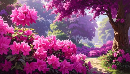 A Beautiful Pink Flower Garden Scene with Trees and Path in the Nature