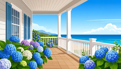 A Beautiful Porch with Hydrangeas, Sea View, and Blue Sky Sunshine