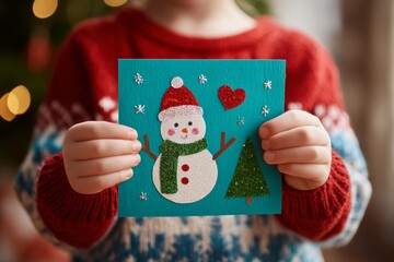 A young child shows a colorful greeting card with a snowman, a heart, and a Christmas tree. The setting is cozy with holiday lights in the background. The child is dressed warmly in a festive sweater
