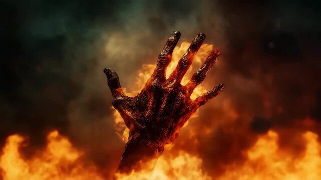 Burning zombie hand rising from flames
