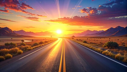 A Beautiful Road Leading to Sunset With Orange and Golden Sky