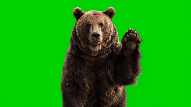 Brown Bear Waving on Green Screen - A brown bear stands against a vibrant green screen, its fur a mix of dark and light brown hues.