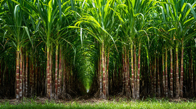 Ultra HD Sugarcane field with green leaves and brown stalks in a symmetrical pattern image