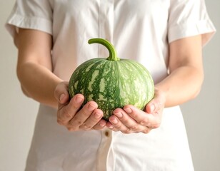 Woman holds a small, green pumpkin
