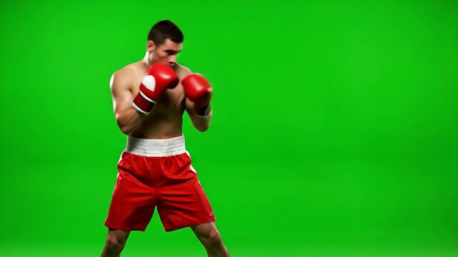 Boxer Training on Green Screen - An athletic shirtless boxer with red gloves and shorts stands on a green screen, ready to spar. He is in a defensive stance, blocking a potential punch.