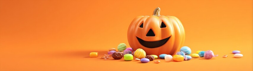 Halloween whimsy: minimalist joy with pumpkin and candies. Modern style. A lush autumn garden: pumpkin's smile and candy among leaves. Empty space. Clean layout.