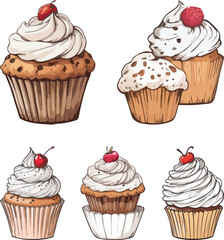 Hand-Drawn Cupcake Vector Art Set - Dessert And Bakery Illustrations