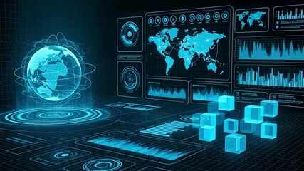 Futuristic digital interface with holographic data panels and glowing blue GUI elements
 - Powered by Adobe