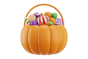 Orange pumpkin basket overflowing with colorful Halloween candies and treats.