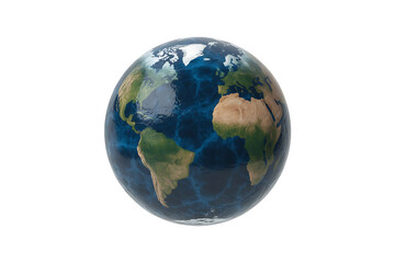 Fototapeta premium Realistic, shiny globe model showing continents and deep blue oceans against white.