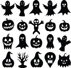 Collection of spooky halloween silhouette icons featuring pumpkins ghosts bats and witches