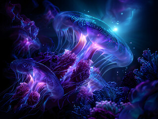 Obraz premium a surreal underwater scene with glowing jellyfish and vibrant coral formations, illuminated by a soft, ethereal light. The colors are predominantly blue and purple, creating a dreamlike and otherworld