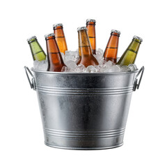 Metal bucket with beer bottles and ice isolated on a transparent background