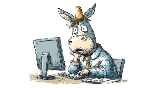 Cartoon man with donkey head and dunce hat, sitting at computer, looking shocked and surprised after being scammed online