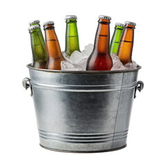 Metal bucket with beer bottles and ice isolated on a transparent background 1
