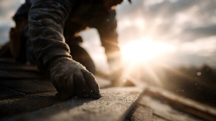 Gloved hands of a roofer installing shingles on a sun drenched rooftop emphasizing hard work and dedication