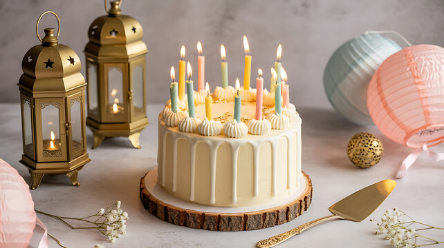 White frosted birthday cake with many lit candles, gold lanterns nearby.