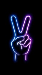 Neon peace symbol in blue and purple light on black background, hand gesture on white canvas with brush strokes, small art/design icon/logo