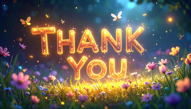 Glowing thank you message amidst a field of flowers and butterflies - Powered by Adobe