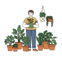 Man happily tending to his thriving indoor garden, surrounded by lush potted plants, creating a serene and inviting home environment, a symbol of care