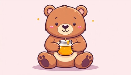 Obraz premium Cartoon bear character holding honey jar against soft pink background