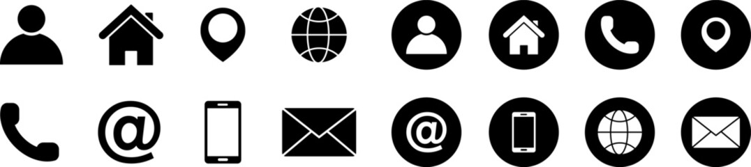 Collection of black and white contact and communication icons