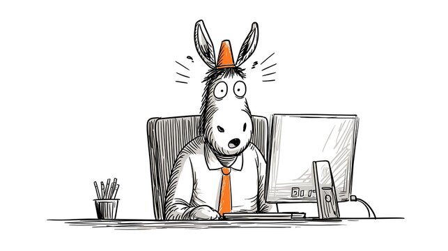 Cartoon man with donkey head and dunce hat, sitting at computer looking shocked after being scammed online