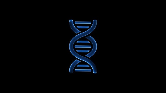 Glowing blue D N A helix molecule structure rotating on black background science and genetics concept