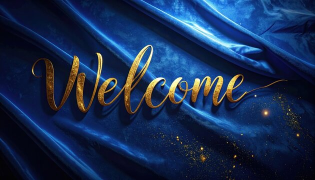 Elegant welcome message on luxurious blue silk background